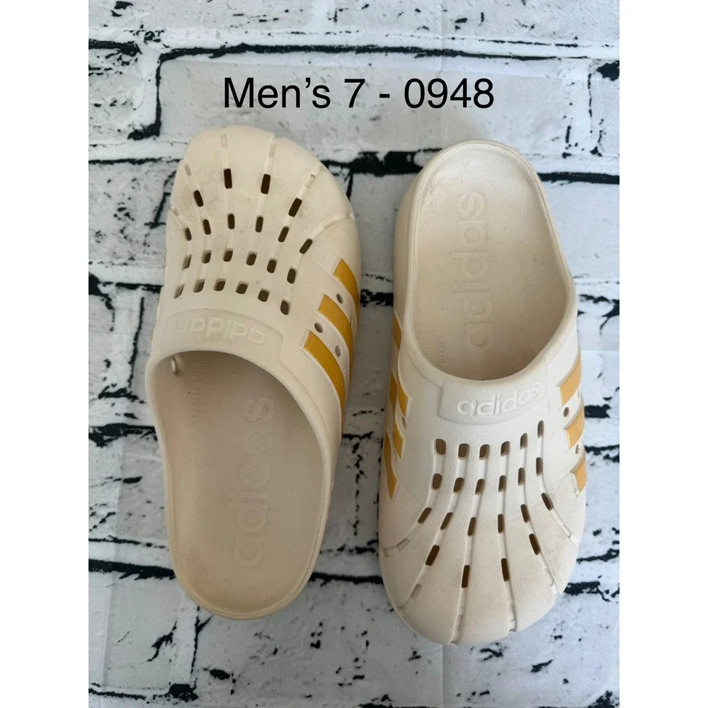 Adidas Adilette Clogs Mens 7 Cream Yellow Three Stripe Slip On Sandals 0948